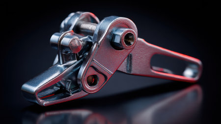 A chrome metal clamp showcases intricate mechanisms on a dark background, ideal for industrial, mechanical, and design projects.の素材