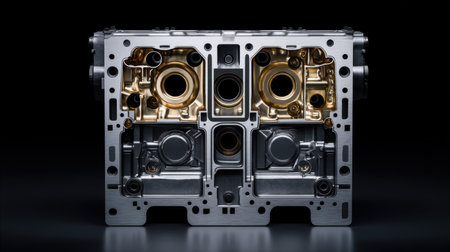 A stunning close-up view of an engine block showcasing intricate details of mechanical engineering and precision manufacturing. Ideal for automotive and industrial themes.の素材