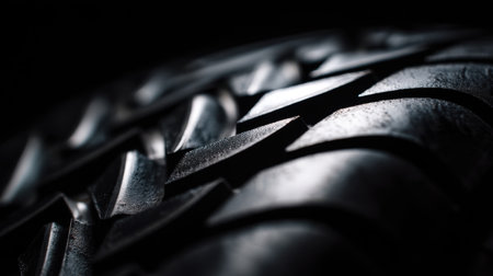 This image showcases a close-up view of a car tire tread, highlighting intricate details and textures against a shadowy background.の素材