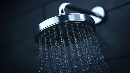 This image showcases an elegant chrome shower head with cascading water droplets, set against a dark tiled background, perfect for modern bathroom aesthetics.の素材