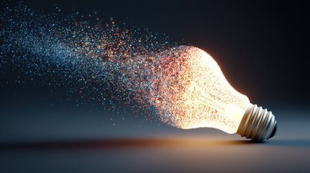 A glowing light bulb releases colorful sparkles into the dark space, symbolizing creativity and innovation. This abstract image showcases dynamic energy and brightness, perfect for concepts related to ideas and inspiration.の素材
