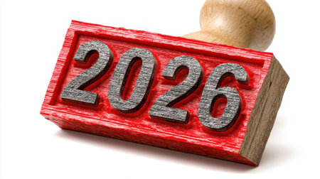 This red rubber stamp features the year 2026 prominently, perfect for marking documents, projects, or special events in an office or creative setting.の素材