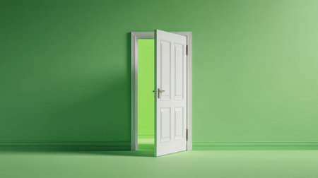 Explore a modern white door standing open, revealing a bright green room. This image captures a vibrant and fresh ambiance, perfect for inspiring interior design concepts.の素材