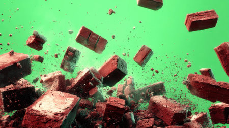 This striking image showcases a dynamic explosion of red bricks set against a vibrant green background, emphasizing movement and energy.の素材