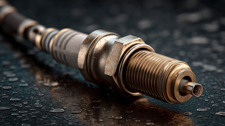 A high-resolution close-up of a spark plug showcasing intricate metal details and water droplets on a shiny surface. Ideal for automotive and mechanical themes.の素材