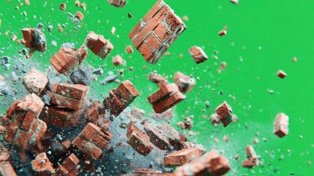 A stunning visual of bricks exploding and scattering against a bold green background, showcasing texture, motion, and vibrant energy.の素材