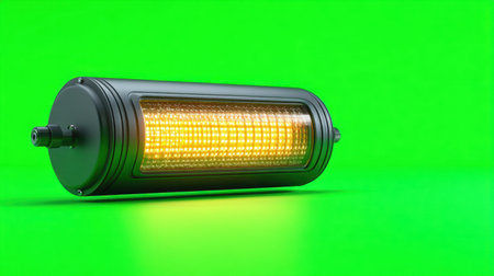 This image features a bright warning light, perfect for emphasizing safety and alertness in industrial or emergency settings. The vibrant green background enhances the striking yellow glow of the light, ensuring visibility.の素材