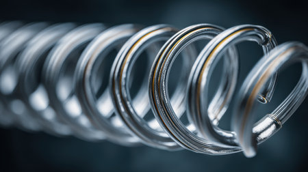 Captivating close-up of a metallic spring showcasing its smooth curves and reflective surface, set against a soft focus background.の素材