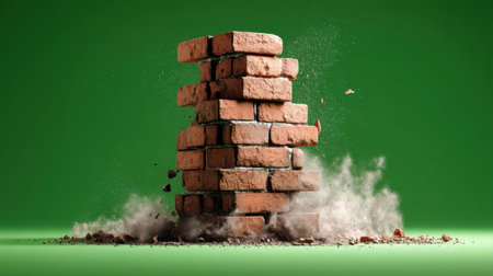 Dramatic image of a brick wall collapsing, surrounded by dust and debris against a vibrant green background. Perfect for conceptual visuals.の素材