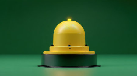 A bright yellow emergency alert button stands prominently on a green surface, featuring an illuminated light that signals for attention and safety.の素材
