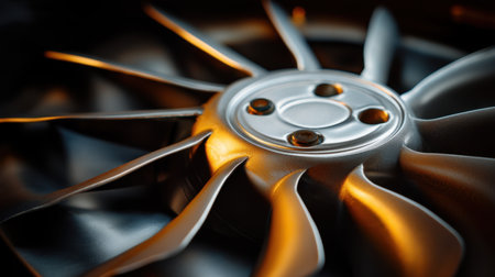 This close-up image showcases a car fan blade with intricate details and a stunning metallic finish, emphasizing the artistry of automotive design.の素材