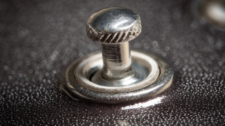 This image features a detailed close-up of a metal snap fastener against a textured background, showcasing its design and shine. Perfect for crafting and fashion projects.の素材