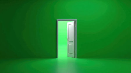 A serene open door against a vibrant green background symbolizes new beginnings and endless possibilities. Ideal for creative projects.の素材