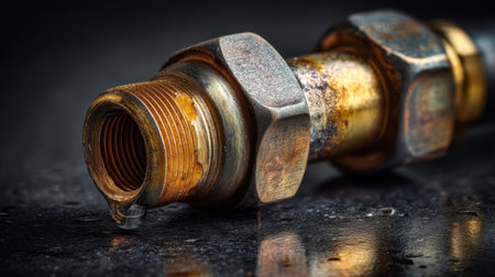A close-up view of a rusty metal pipe fitting with a water drop, showcasing intricate details and textures on a dark surface.の素材