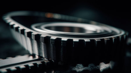This close-up image features a metallic gear and bearing with a shiny surface, ideal for industrial and engineering themes. The soft focus adds depth to the composition, highlighting intricate details.の素材