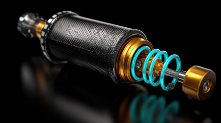 This image showcases a high-definition close-up of a shock absorber component featuring a metallic spring and intricate carbon fiber detailing, emphasizing precision engineering and modern design.の素材