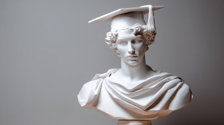This elegant white marble bust features a young scholar with a mortarboard hat, symbolizing academic achievement and knowledge. Ideal for educational themes.の素材