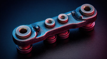 A detailed view of a metal link component designed for machinery, enhanced with colorful lighting effects, showcasing its intricate design and craftsmanship in a studio setting.の素材