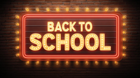 Vibrant neon sign displaying "Back to School" illuminates a rustic brick wall, perfect for promoting education and learning environments.の素材
