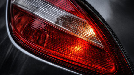 A detailed close-up of a modern car tail light showcasing vibrant red and amber colors. The image captures intricate design elements and reflections, highlighting automotive technology in a striking visual.の素材