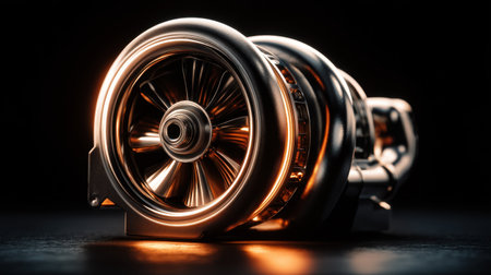Stunning close-up of a turbocharger showcasing its intricate design and metallic shine, perfect for automotive enthusiasts and industry professionals.の素材