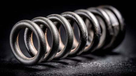 A striking close-up image of a metallic coil spring, showing intricate details and textures against a dark background, emphasizing its industrial design.の素材