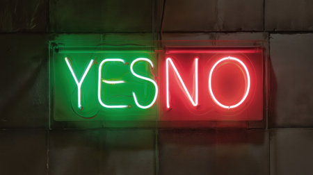 A vibrant neon sign showcasing the words "Yes" in green and "No" in red, perfect for creative projects and urban themes.の素材