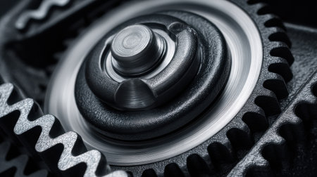 Intricate close-up of a mechanical gear showcasing precision engineering elements. The dark background highlights the detailed design and craftsmanship of industrial machinery.の素材