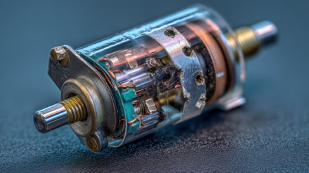 This close-up image showcases a transparent electric motor, highlighting its intricate internal components and wiring. Ideal for technology enthusiasts and engineering projects.の素材