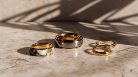 Beautifully arranged rings in gold and marble on a smooth marble surface, showcasing luxury and minimalism in design. Perfect for jewelry-related projects.の素材