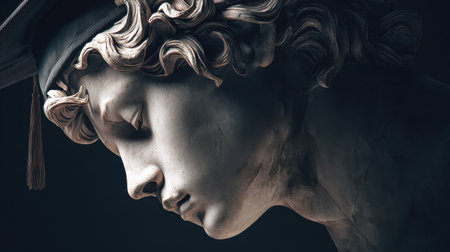 Capture the essence of classical art with this close-up of a marble bust featuring detailed hair and a graduation cap. Perfect for themes of education and culture.の素材