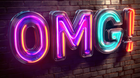 Vibrant neon sign featuring the word "OMG" against a textured brick wall, perfect for capturing modern urban energy and expression.の素材