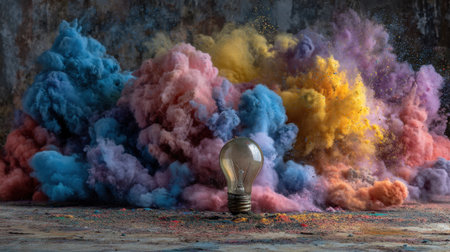A vintage light bulb stands amid a dramatic explosion of colorful smoke. The vibrant hues create a captivating visual impact, enhancing artistic expression.の素材