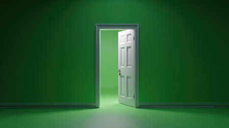 A stunning open door reveals a warm light in a vibrant green room, symbolizing new opportunities and possibilities awaiting exploration.の素材