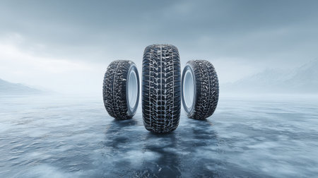 Three winter tires are displayed on a slick, icy surface under a dramatic sky, highlighting their unique tread design and durability.の素材