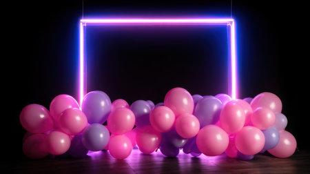 Vibrant arrangement of colorful balloons in pink and purple hues combined with a glowing neon frame, perfect for party decorations, events, and festive celebrations.の素材