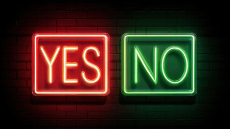 This vibrant neon sign showcases the words "YES" in red and "NO" in green, creating a visually striking display. Perfect for conveying choices and emotions.の素材