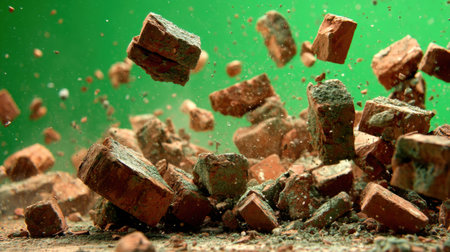 A dynamic capture of bricks breaking apart and flying against a vibrant green background, showcasing the raw energy of destruction and construction.の素材