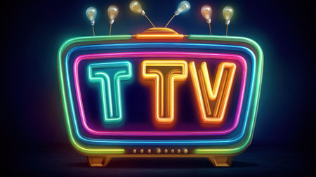 A vibrant neon retro television with colorful lights and a captivating glow against a dark background, perfect for vintage design projects.の素材