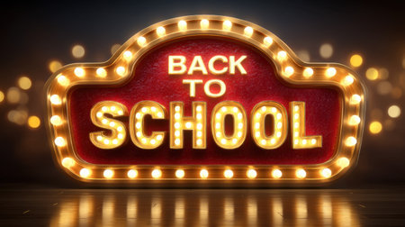 A vibrant retro neon sign adorned with lights, showcasing "Back to School" in a festive style, perfect for seasonal events.の素材