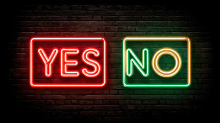 This striking image features vibrant neon signs reading "Yes" and "No" against a dark brick wall, ideal for visualizing decision-making and choice concepts.の素材