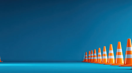 A row of bright orange traffic cones stands against a clean blue background, ideal for themes of road safety, construction, and warning signage.の素材