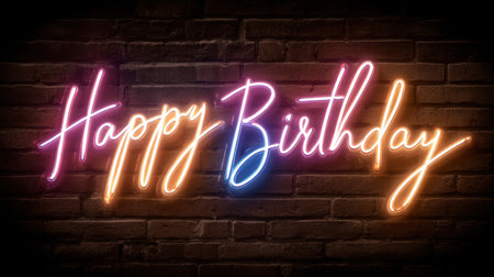 A vibrant neon "Happy Birthday" sign illuminates a dark brick wall, adding a festive touch to celebrations and special events.の素材