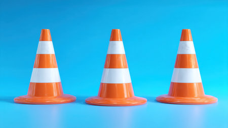 This image features three orange and white traffic cones neatly arranged on a bright blue background, emphasizing safety and construction themes.の素材