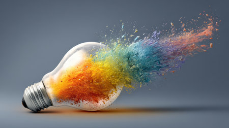 A light bulb releasing a vibrant explosion of paint captures the essence of creativity and innovation, ideal for designs showcasing brightness and artistic chaos.の素材