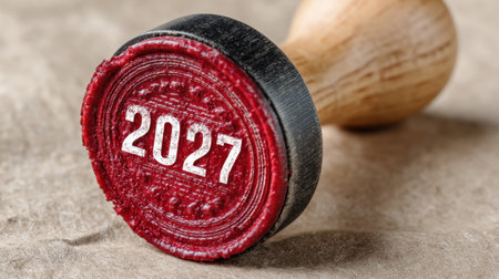 Close-up of a red wax seal stamp featuring the year 2027. Perfect for creative projects, this image captures intricate details and textures on a brown paper background.の素材