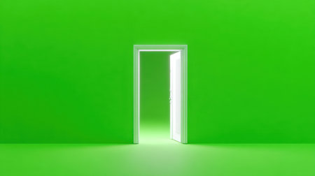 A bright open door stands against a vibrant green wall, creating a striking contrast that symbolizes opportunities and new beginnings in a minimalist interior.の素材