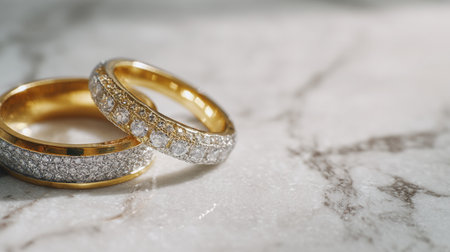 Two exquisite wedding rings, one gold and one silver, adorned with sparkling stones, placed on a beautiful marble surface, capturing elegance and romance.の素材