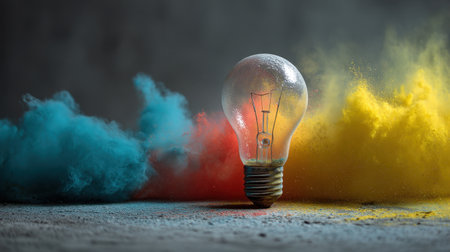 A stunning image of a light bulb surrounded by vibrant colored smoke, symbolizing creativity and innovative thinking, perfect for artistic themes.の素材