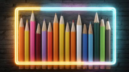 A vibrant arrangement of colorful pencils on a dark brick background, illuminated by a neon frame, perfect for themes of creativity and education.の素材
